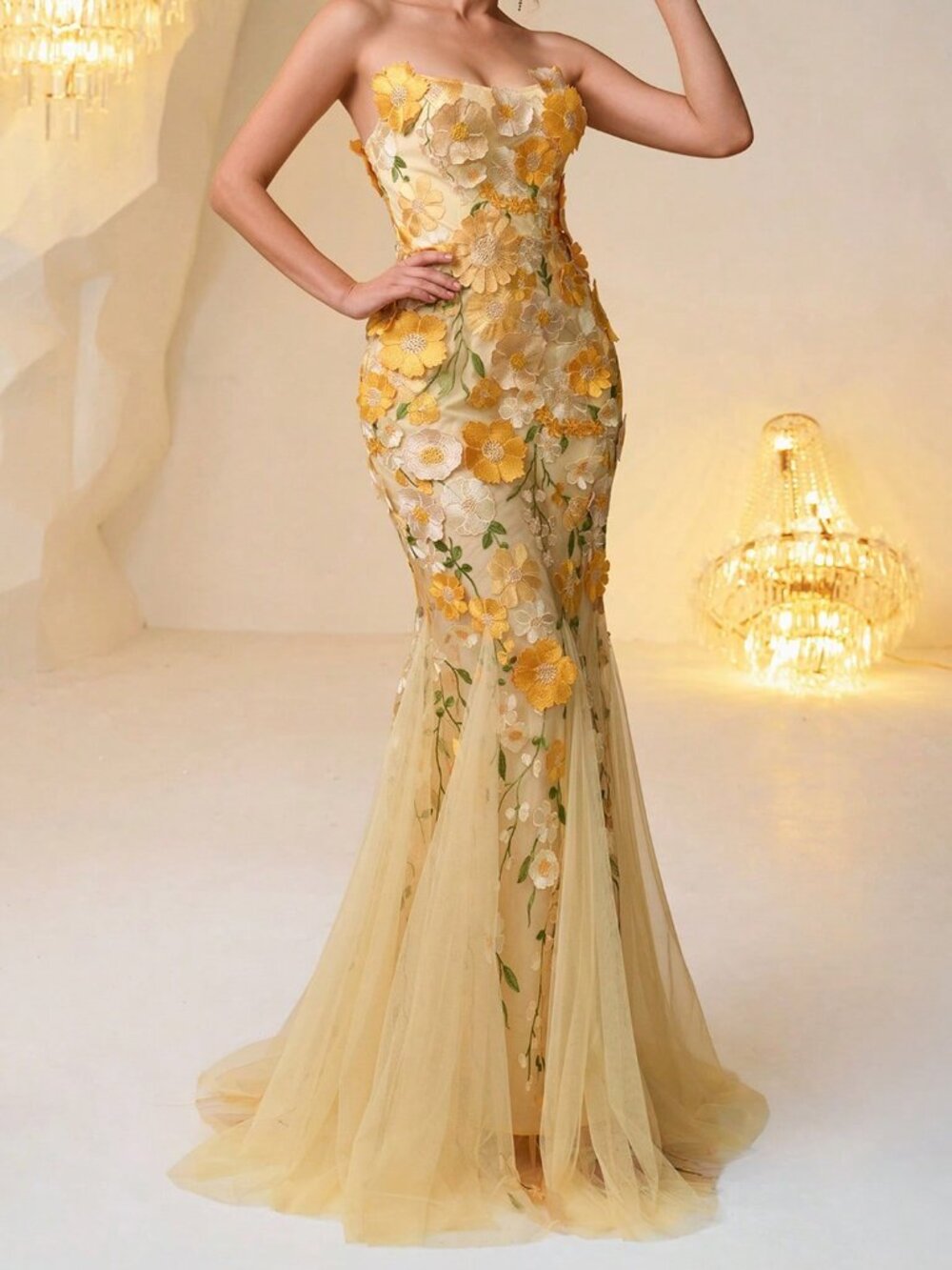 Yellow Elegant Women's Allover Print Patchwork Ruffle Sequin Mesh Formal Gown - Picture 7 of 7